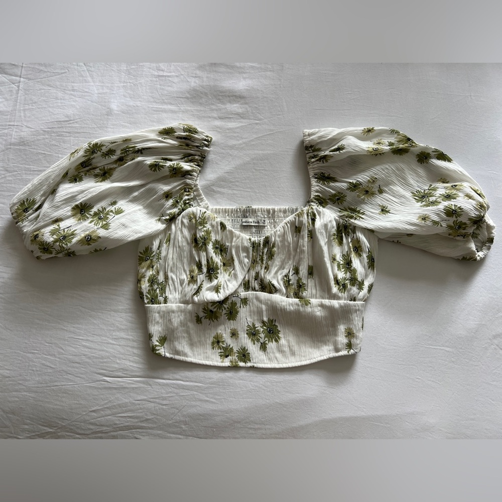 Abercrombie & Fitch Green and White Smocked Crop Blouse
